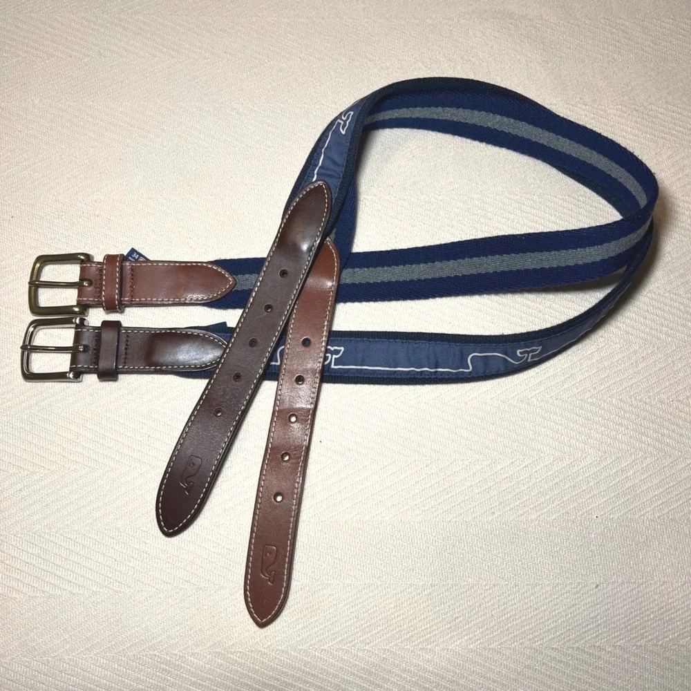 Set of 2 Vineyard Vines Mens Canvas Leather Belts Whale Striped Navy Blue 34